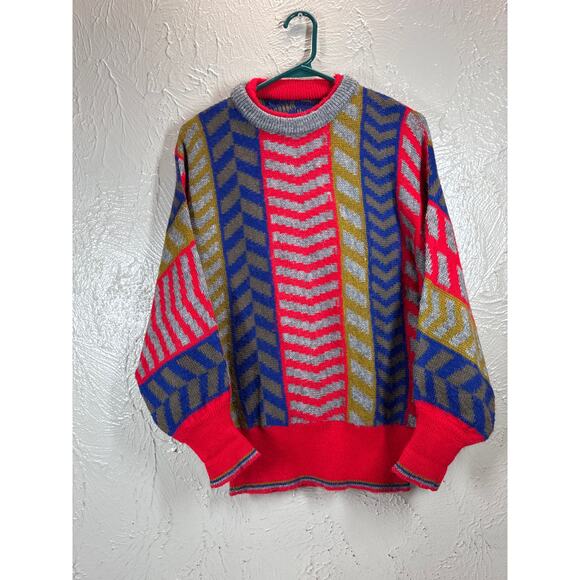 Vintage Geometric Pattern Sweater Adult Dolman Sleeve Red Blue Gold Knit Size XL - Picture 1 of 5